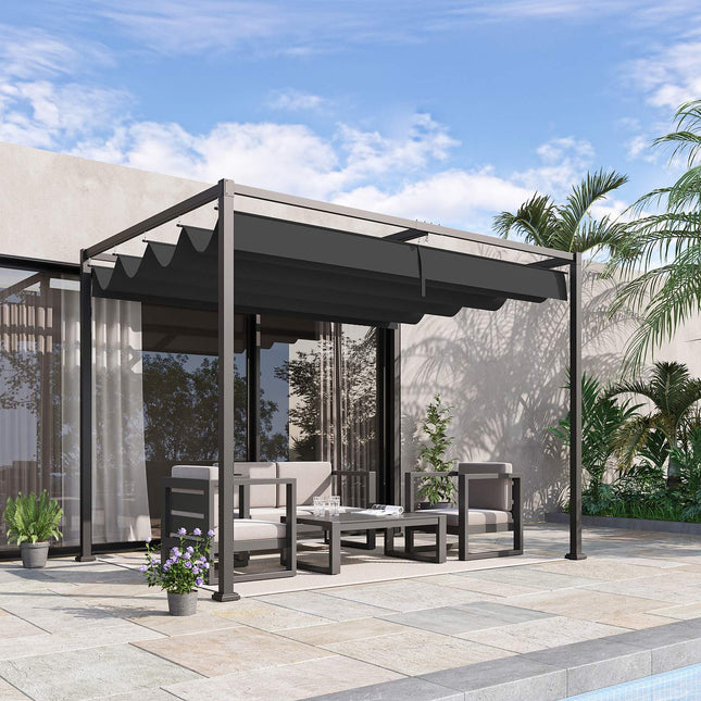 Pergola Gazebo Auvent De Patio Avec Toit Coulissant, Polyester, Noir + Gris, 298X213X221Cm