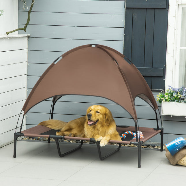Lit Pour Animal Domestique Avec Auvent, Lit Surélevé Pour Chien, Chaise Longue D'Extérieur Avec Toit, Respirant, Tissu Taffetas Café 122 X 92 X 108 Cm