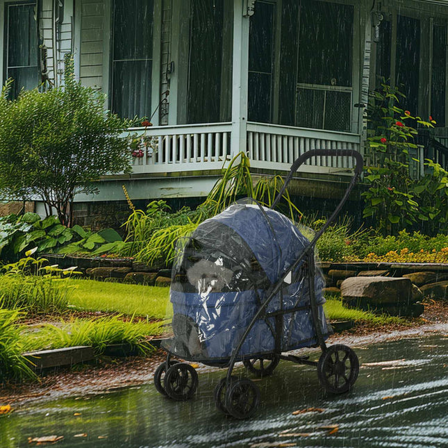 Chariot Pour Animaux De Compagnie 2 En 1 Housse De Pluie Pliable Chariot Pour Chat Laisses De Sécurité Petits Chiens/Chats Oxford Bleu Foncé