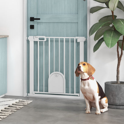 Barrière pour animaux de compagnie, réglable avec petite porte, en métal et plastique, blanche