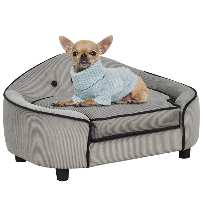 Canapé Pour Animal Domestique, Lit Confortable Pour Chien En Bois Naturel Et Peluche, Gris, 66,5 X 45 X 35,5 Cm