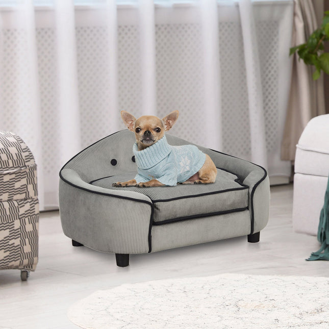 Canapé Pour Animal Domestique, Lit Confortable Pour Chien En Bois Naturel Et Peluche, Gris, 66,5 X 45 X 35,5 Cm