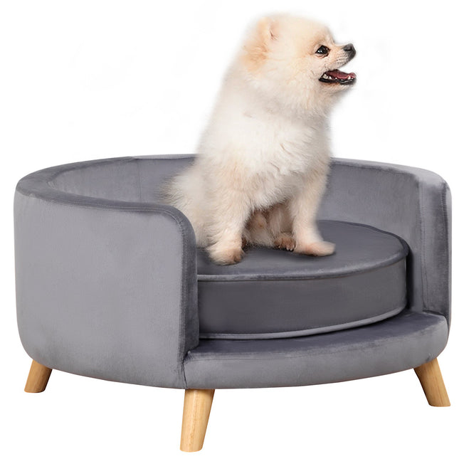 Canapé pour animaux de compagnie pour chiens de taille moyenne, lit pour chien surélevé avec cadre en bois, gris, 68x68x35cm