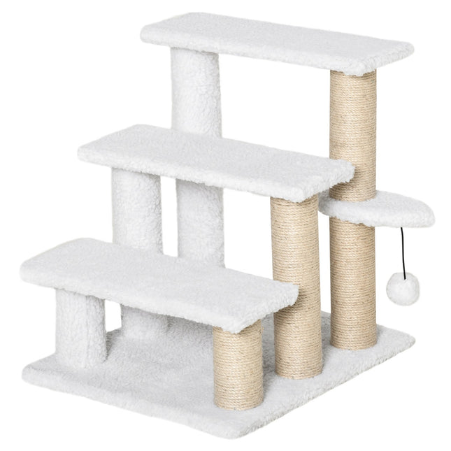 Haustiertreppe und Kratzbaum, 3 Stufen, Plüsch/Jute, weiß