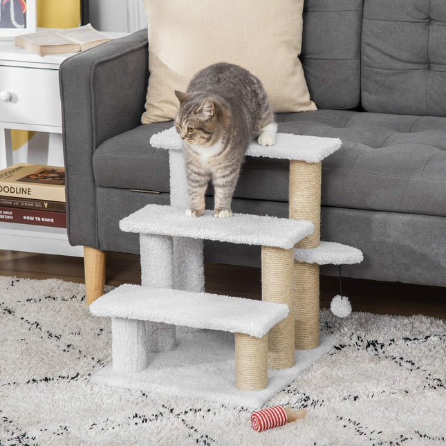 Haustiertreppe und Kratzbaum, 3 Stufen, Plüsch/Jute, weiß