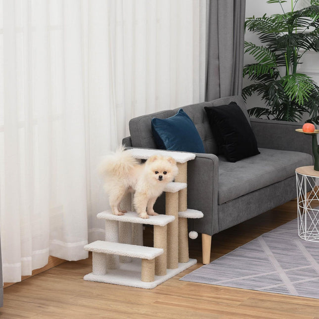 Haustiertreppe mit Kratzbaum, 4 Stufen, Plüsch-Jute Weiß