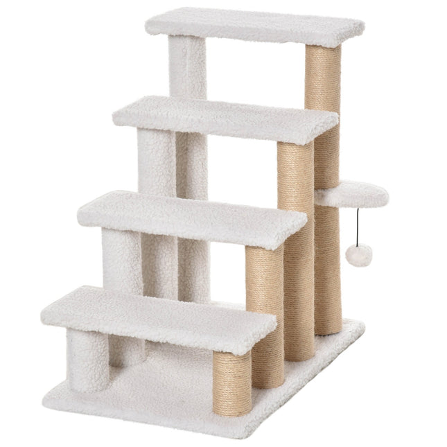 Haustiertreppe mit Kratzbaum, 4 Stufen, Plüsch-Jute Weiß