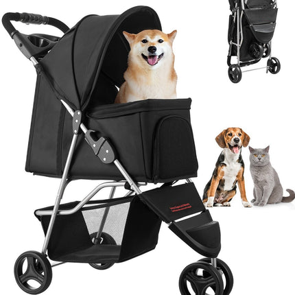Pet Stroller, 35 lb Capacity, Foldable 3-Wheel, Brake