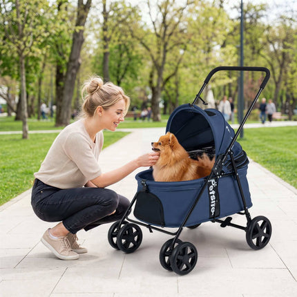 Poussette pour petits chiens, pliable avec capote, bleu marine