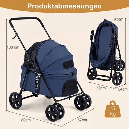 Poussette pour petits chiens, pliable avec capote, bleu marine