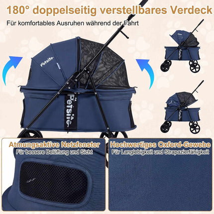 Poussette pour petits chiens, pliable avec capote, bleu marine