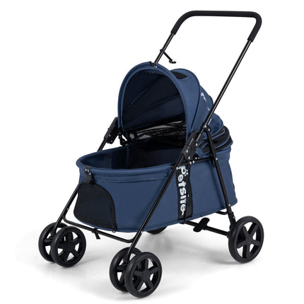 Poussette pour petits chiens, pliable avec capote, bleu marine