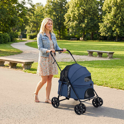 Poussette pour petits chiens, pliable avec capote, bleu marine
