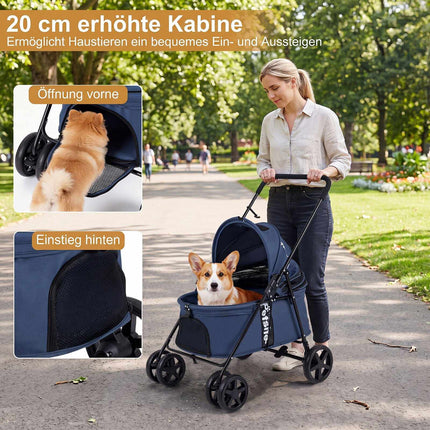 Poussette pour petits chiens, pliable avec capote, bleu marine