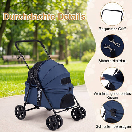 Poussette pour petits chiens, pliable avec capote, bleu marine