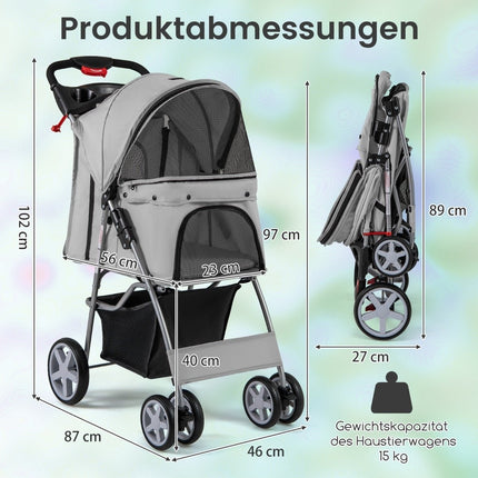 Poussette pour animaux avec fenêtres en filet et porte-gobelet, grise, capacité de charge : 15 kg