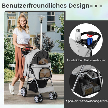 Poussette pour animaux avec fenêtres en filet et porte-gobelet, grise, capacité de charge : 15 kg