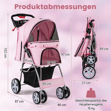 Hundebuggy mit Netzfenstern & Getränkehalter, Rosa, 15 kg Tragkraft