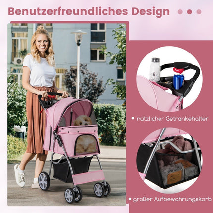 Hundebuggy mit Netzfenstern & Getränkehalter, Rosa, 15 kg Tragkraft