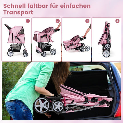 Hundebuggy mit Netzfenstern & Getränkehalter, Rosa, 15 kg Tragkraft