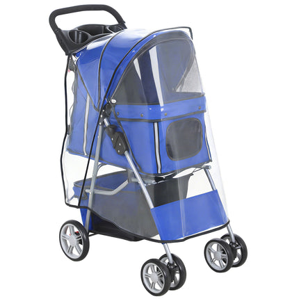 Poussette pour animaux avec fenêtres en filet et protection pluie, bleue