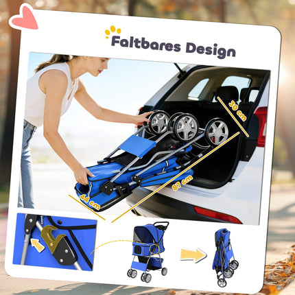 Poussette pour animaux avec fenêtres en filet et protection pluie, bleue