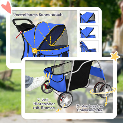 Poussette pour animaux avec fenêtres en filet et protection pluie, bleue