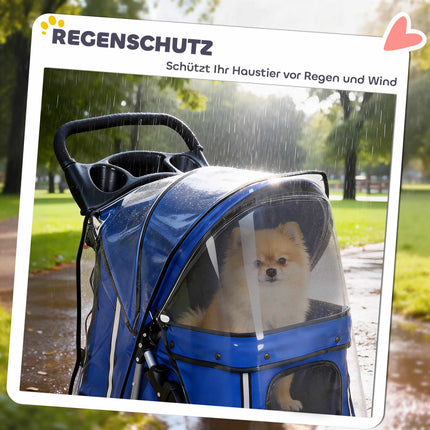 Poussette pour animaux avec fenêtres en filet et protection pluie, bleue