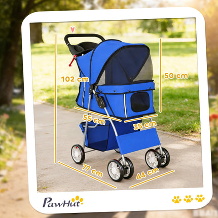 Poussette pour animaux avec fenêtres en filet et protection pluie, bleue