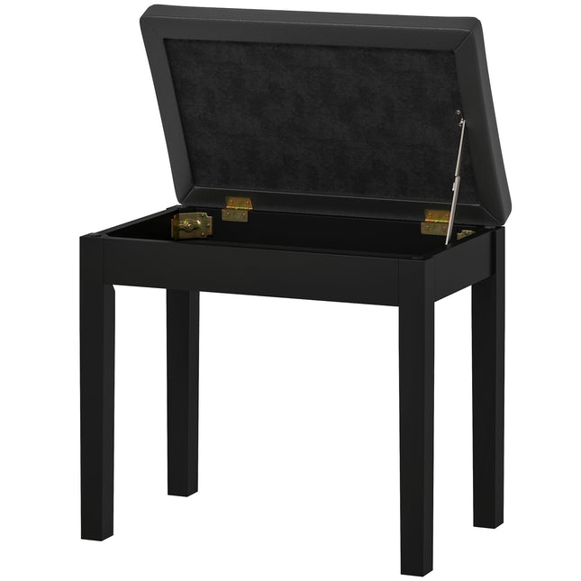 Piano bench, faux leather cover, quilted buttons, storage space, wooden legs, black