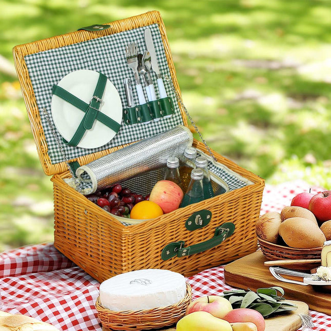 Panier de pique-nique en bois de saule, valise de pique-nique pour 2 personnes avec compartiment isotherme, set de couverts, set de pique-nique, set complet pour camping, plage, Noël, marron clair