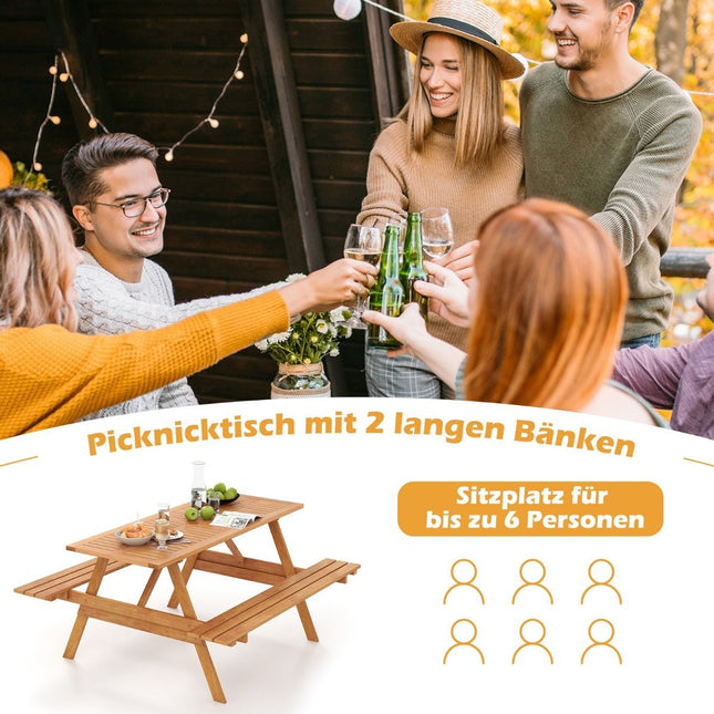 Picknicktisch für 6 Personen, rechteckiger Gartentisch mit 2 integrierten Bänken und Schirmloch 150 x 139 x 75 cm natur