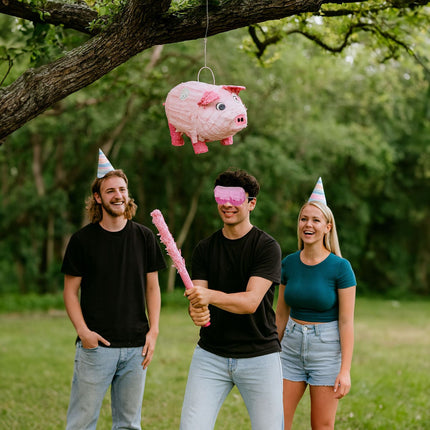 Schwein Piñata Set mit Schläger und Maske – Partyspaß