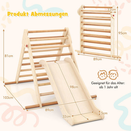 Pikler Triangle Set Triangle d'escalade pliable avec toboggan et barres en bois de hêtre naturel massif