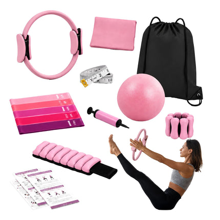 Kit de Pilates 13 pièces avec élastiques et haltères - Rose