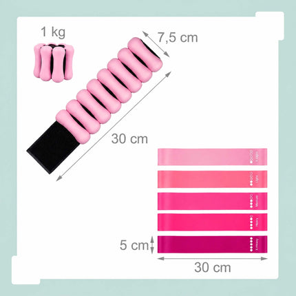 Kit de Pilates 13 pièces avec élastiques et haltères - Rose