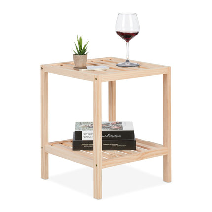 Table basse en bois de pin avec deux étagères