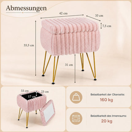 Rosa Schminkhocker aus Kunstfell mit Stauraum und wendbarem Deckel
