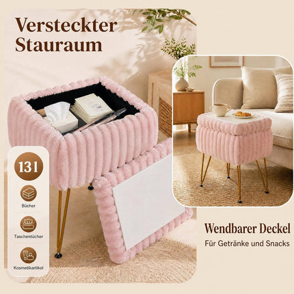 Rosa Schminkhocker aus Kunstfell mit Stauraum und wendbarem Deckel