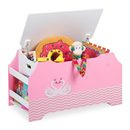 Coffre à jouets rose avec deux cygnes