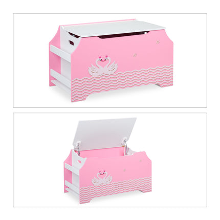 Coffre à jouets rose avec deux cygnes