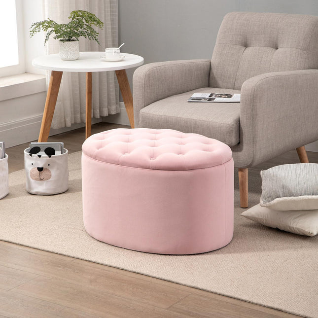 Banc Rembourré Rose Avec Espace De Rangement, Polyester Velouté, Bois D'Hévéa, Forme Ovale, Pour Salon, 71 X 52 X 42 Cm