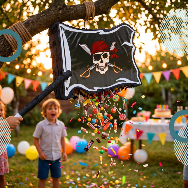Piratenflaggen-Pinata-Set – Schlagstock und Augenbinde