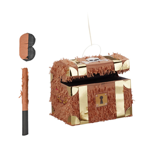 Piraten-Schatztruhe-Piñata-Set mit Schlagstock & Maske
