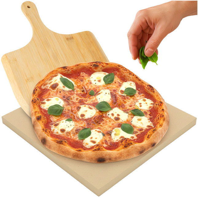 Pierre à pizza 38x36 cm avec spatule en bambou, cordiérite