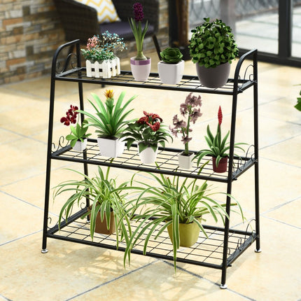 Support pour plantes, 3 niveaux, en métal, pieds réglables, intérieur/extérieur