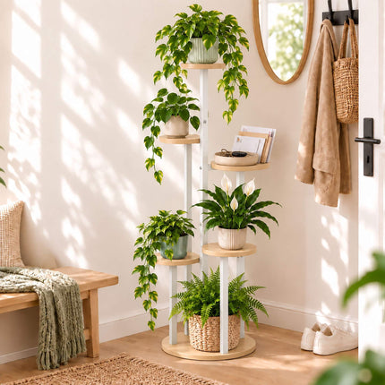 Plant Stand with 5 Tiers, Round Shelves, Iron and MDF – White, 118.5 cm High