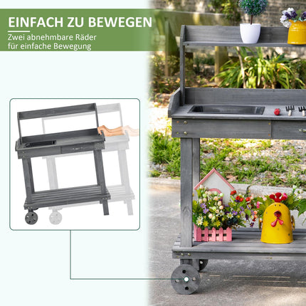Pflanztisch für draußen mit Spüle und Ablage, graues Fichtenholz
