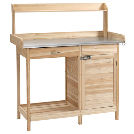 Table De Jardin Plant Table Avec Plan De Travail Galvanisé, Tiroir Et Armoire, 112X45X125Cm, Naturel