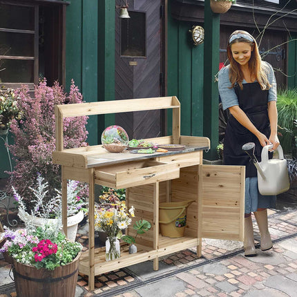 Table De Jardin Plant Table Avec Plan De Travail Galvanisé, Tiroir Et Armoire, 112X45X125Cm, Naturel